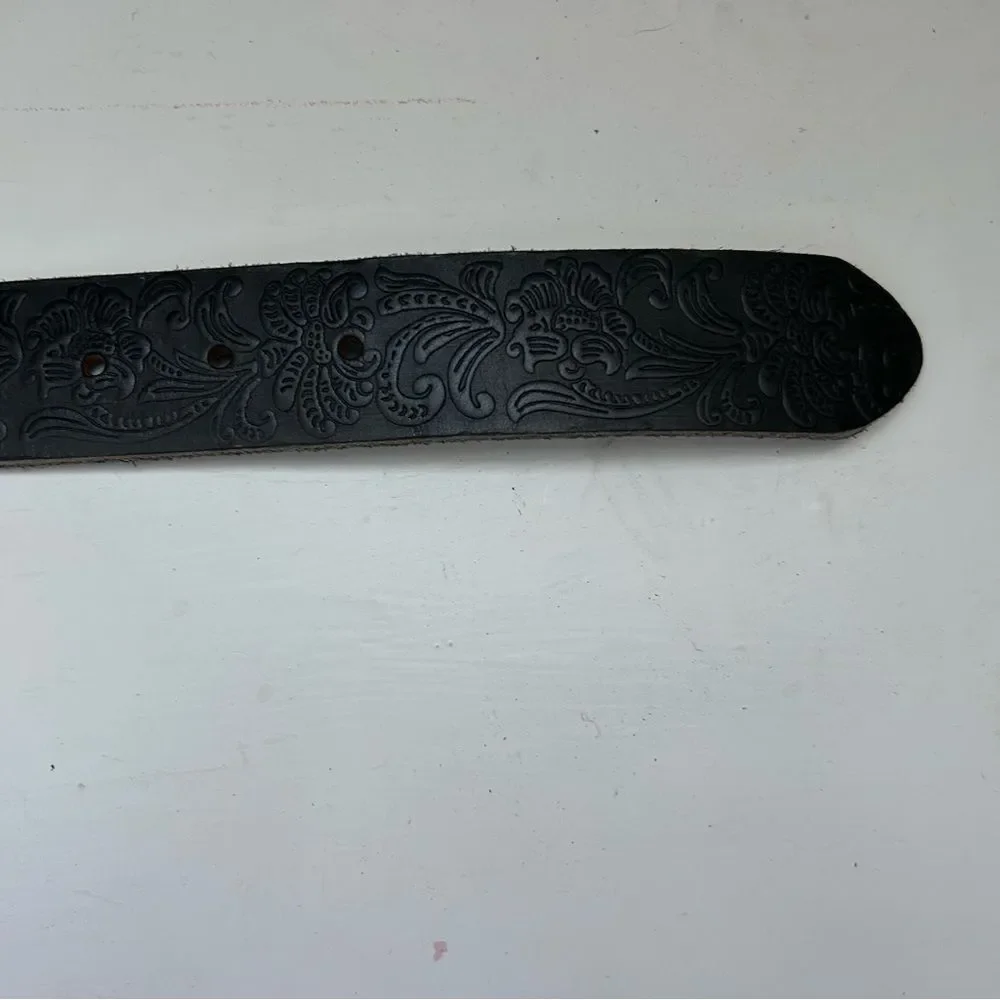 Mens Black Embossed Genuine Leather Embossed Western Inspired Belt Silver Buckle